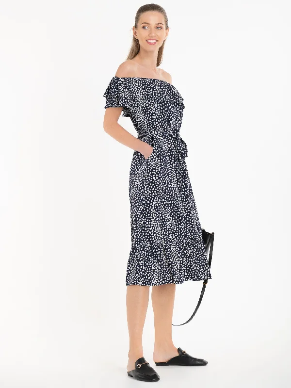 Jolie Moi Abstract Spot Ruffle Midi Dress, Navy Animal