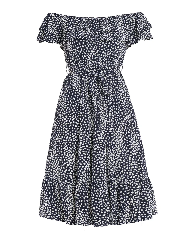 Jolie Moi Abstract Spot Ruffle Midi Dress, Navy Animal