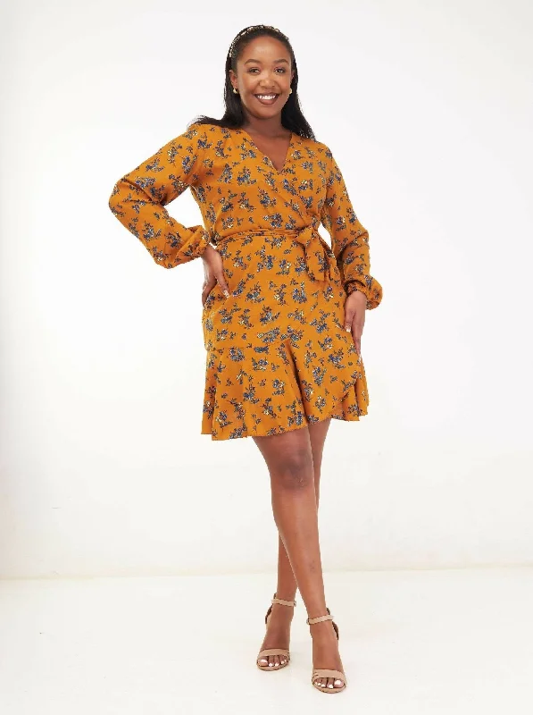 Kakiba Collection Mumbi Wrap Dress - Mustard / Blue