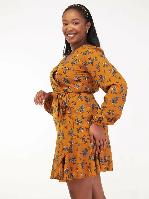 Kakiba Collection Mumbi Wrap Dress - Mustard / Blue