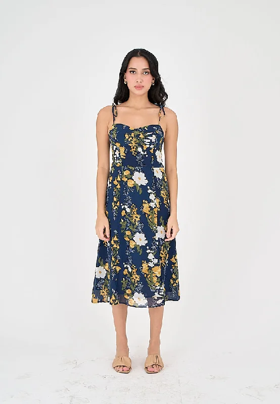 Elene Blue with White and Yellow Floral Print V Neckline Self tie Strap Midi Dress