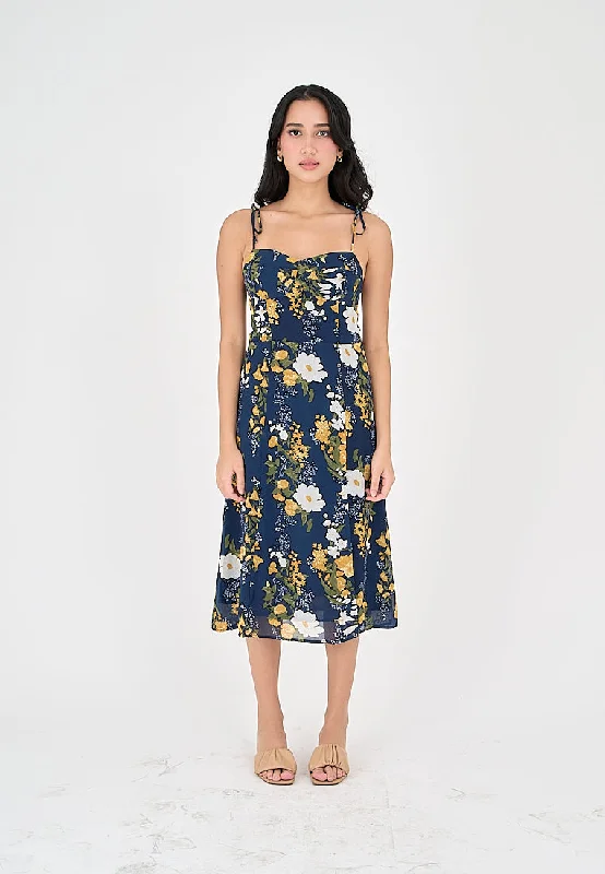 Elene Blue with White and Yellow Floral Print V Neckline Self tie Strap Midi Dress