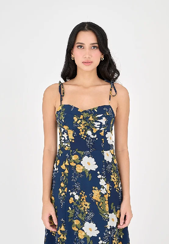 Elene Blue with White and Yellow Floral Print V Neckline Self tie Strap Midi Dress