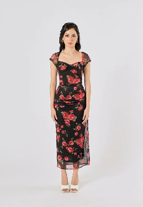 Azalea Floral Print Square Collar Pleated  Long Dress