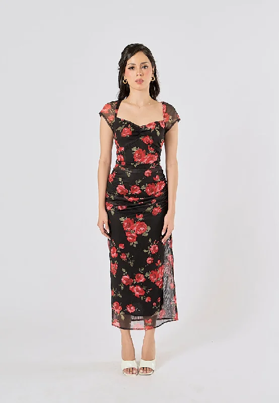 Azalea Floral Print Square Collar Pleated  Long Dress