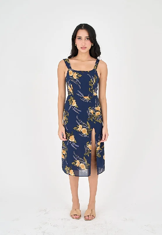 Seraphine Blue Floral Print Square Neck Side Slit Sleeveless Midi Dress