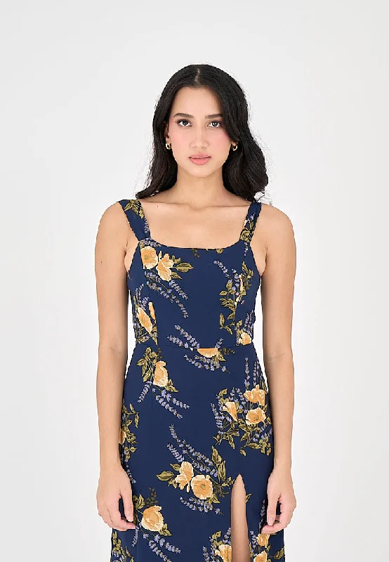 Seraphine Blue Floral Print Square Neck Side Slit Sleeveless Midi Dress