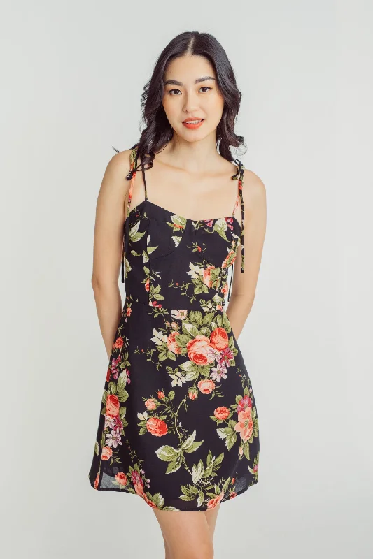 Rhoda Black Floral Print Shaped Bust Sleeveless Self Tie Strap Mini Dress