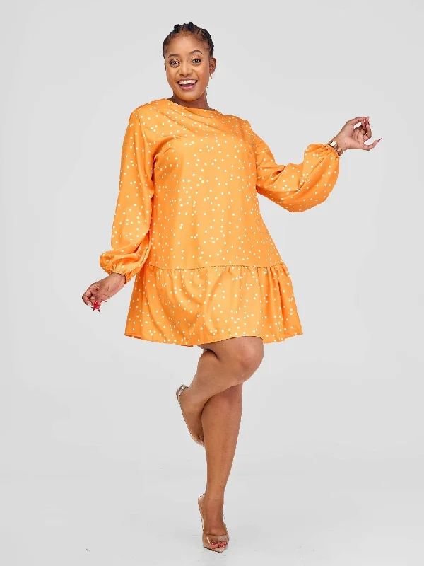 Stylish Sisters Mini Dress - Orange / White Polka Dots