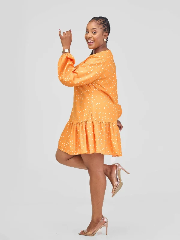 Stylish Sisters Mini Dress - Orange / White Polka Dots