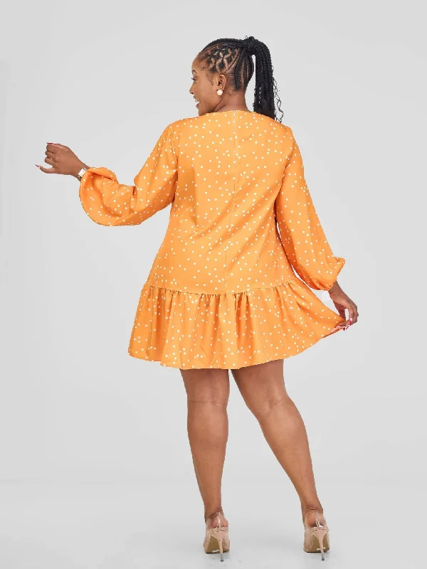 Stylish Sisters Mini Dress - Orange / White Polka Dots