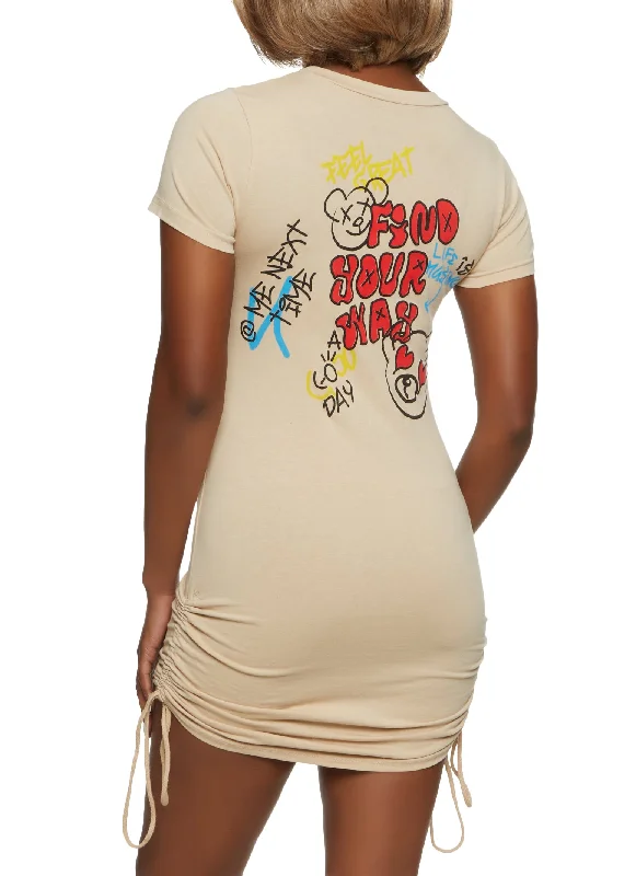 Find Your Way Ruched Graffiti Graphic T Shirt Dress