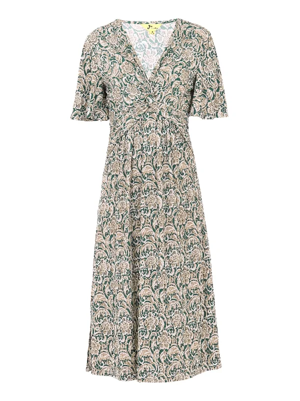 Twist Front Midi Jersey Dress, Green Pattern