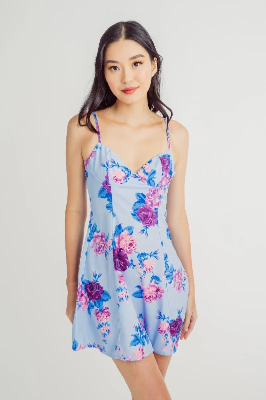 Whoopie Blue with Floral Print V Neck Sleeveless Lined Mini Dress