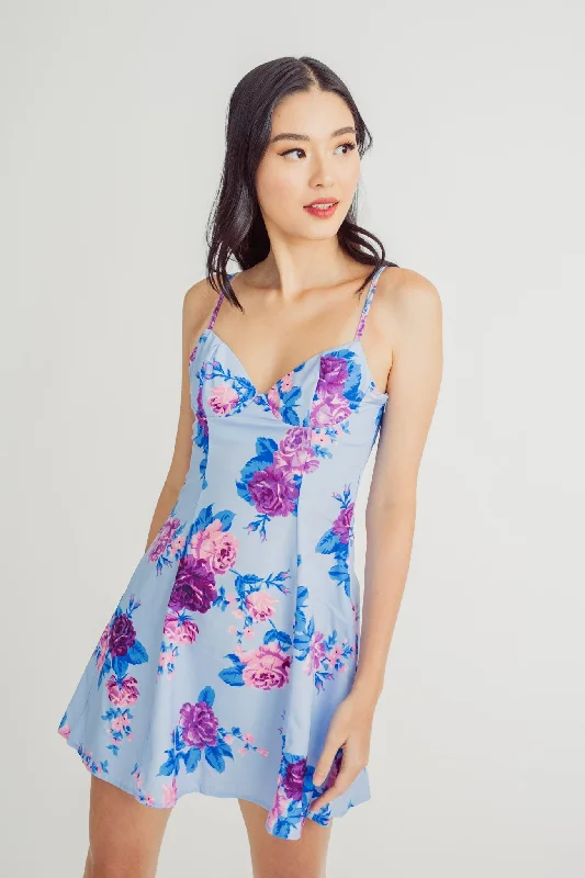 Whoopie Blue with Floral Print V Neck Sleeveless Lined Mini Dress