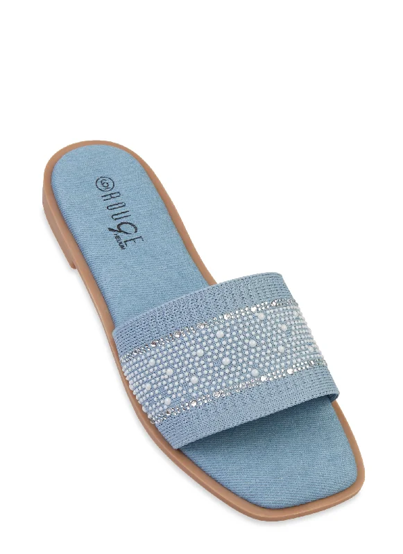 Knit Rhinestone Studded Band Slide Sandals