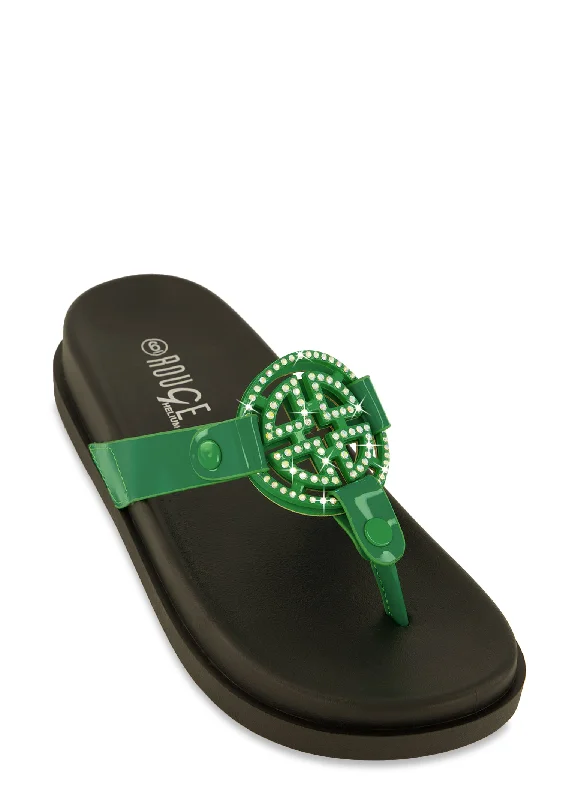 Geometric Rhinestone Pendant Platform Thong Sandals