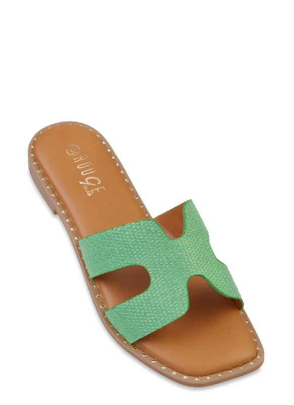 Studded Trim Straw Cut Out Band Slide Sandals