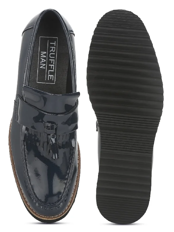 Navy Patent Cleated Bottom Tassel Men Loafers