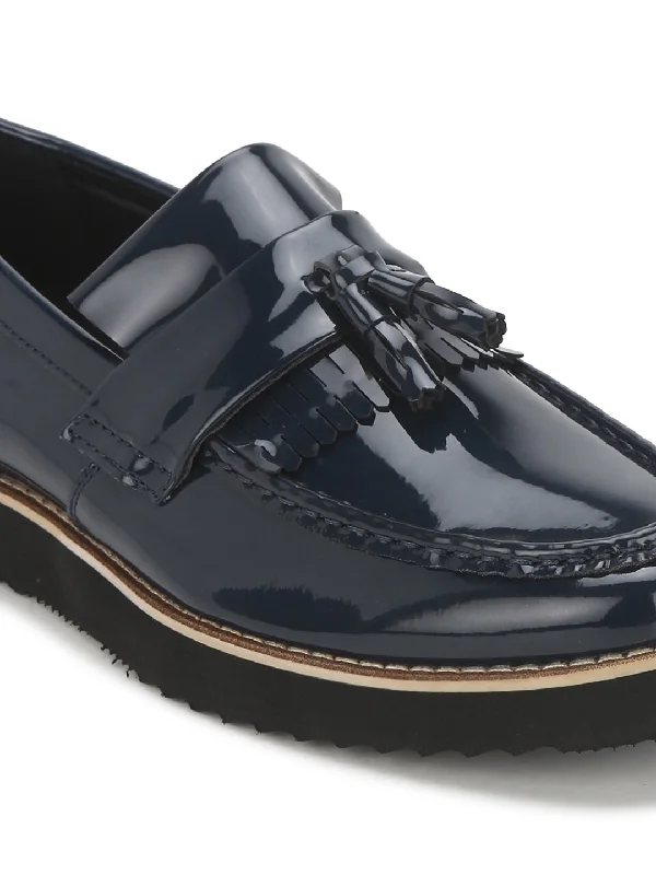 Navy Patent Cleated Bottom Tassel Men Loafers