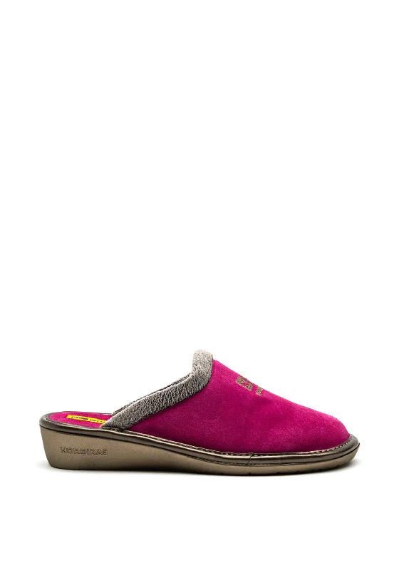 Nordikas Womens Embroidered Logo Slip On Mule Slipper, Fuchsia Pink