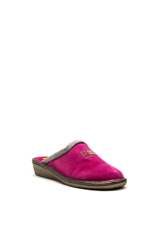 Nordikas Womens Embroidered Logo Slip On Mule Slipper, Fuchsia Pink