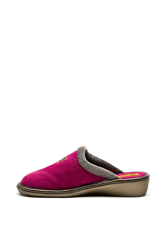 Nordikas Womens Embroidered Logo Slip On Mule Slipper, Fuchsia Pink