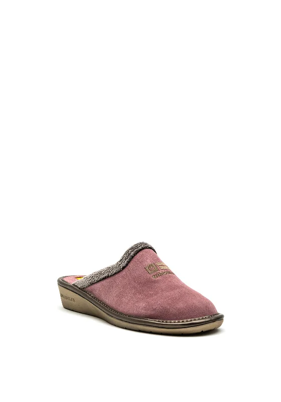 Nordikas Womens Embroidered Logo Slip On Mule Slipper, Mauve Pink