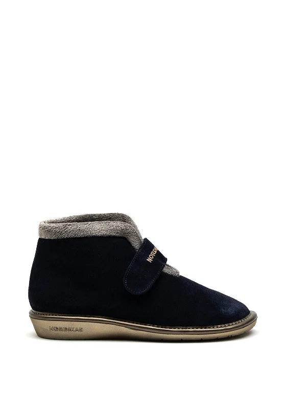 Nordikas Womens Suede Velcro Strap Boot Slipper, Navy