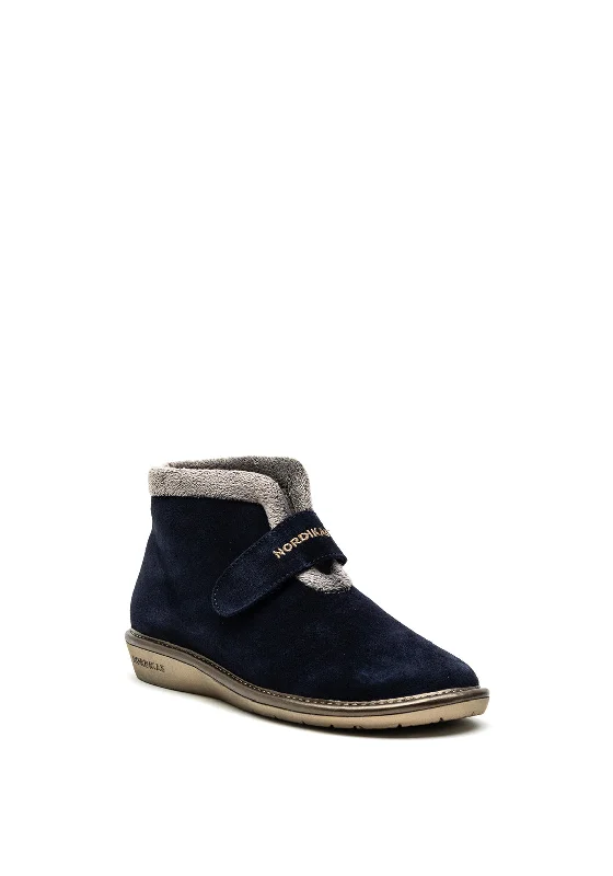 Nordikas Womens Suede Velcro Strap Boot Slipper, Navy