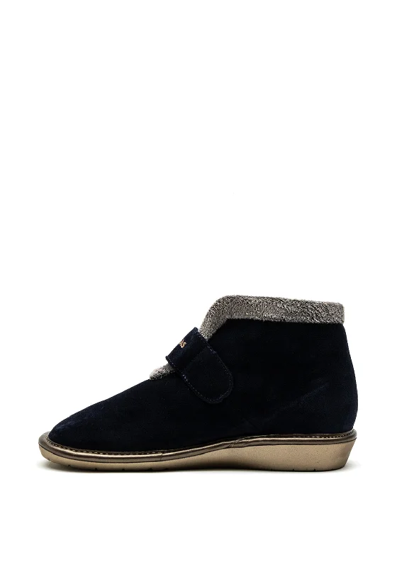 Nordikas Womens Suede Velcro Strap Boot Slipper, Navy