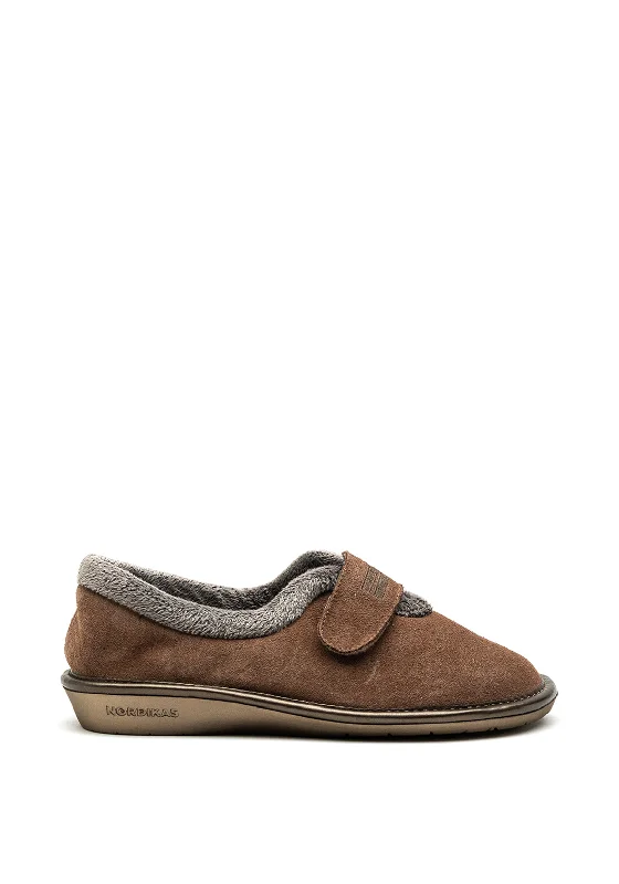 Nordikas Womens Suede Velcro Strap Slipper, Taupe