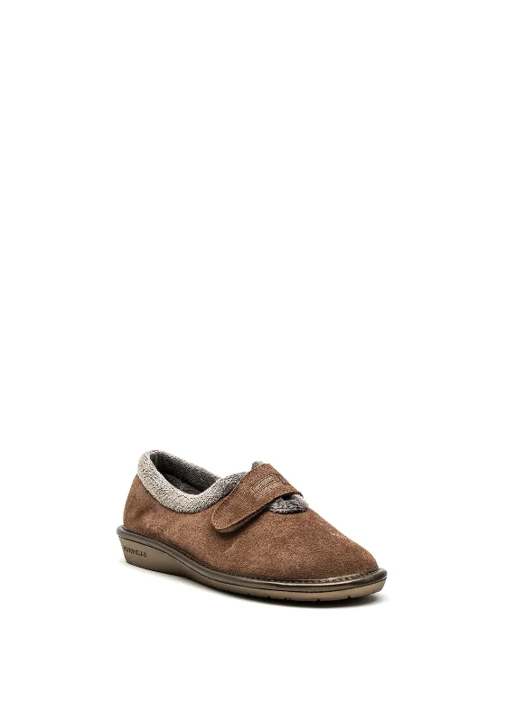 Nordikas Womens Suede Velcro Strap Slipper, Taupe