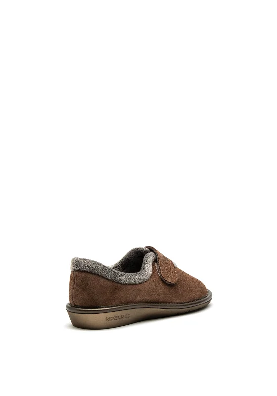 Nordikas Womens Suede Velcro Strap Slipper, Taupe