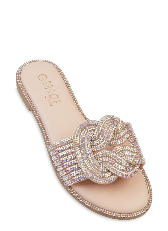 Rhinestone Trim Braided Band Slide Sandals