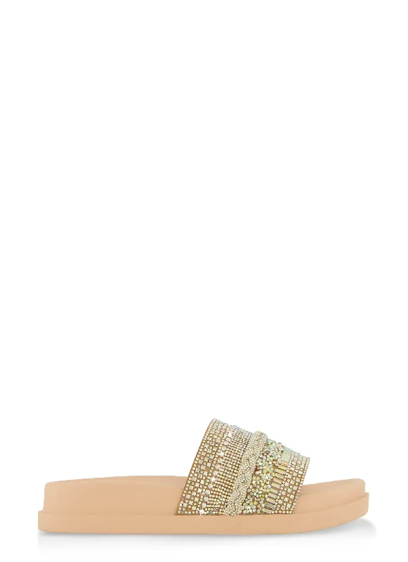 Studded Rhinestone Band Slide Sandals