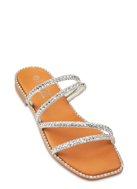 Studded Trim Strappy Rhinestone Slide Sandals