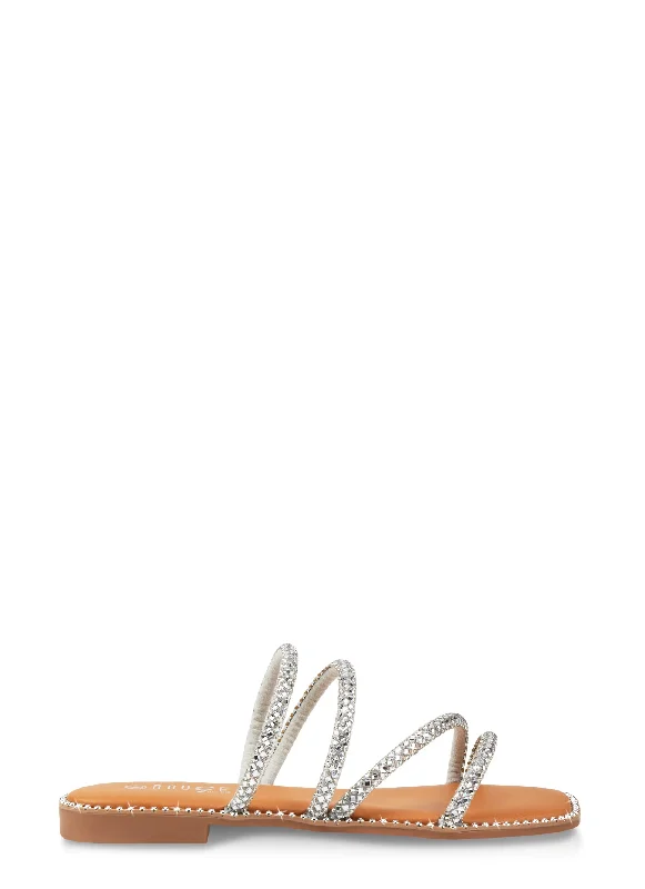 Studded Trim Strappy Rhinestone Slide Sandals