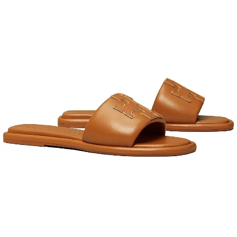 Tory Burch Double T Sport Women's Leather Logo Flat Slide Sandals