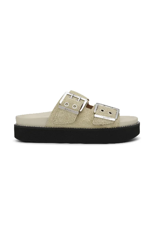 Wide Welt Chunky Buckle Flat Sandal Suede - Pale Khaki