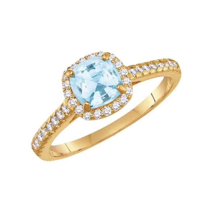 6MM Simulated Aquamarine and White Sapphire Ring in 10KT Yellow Gold