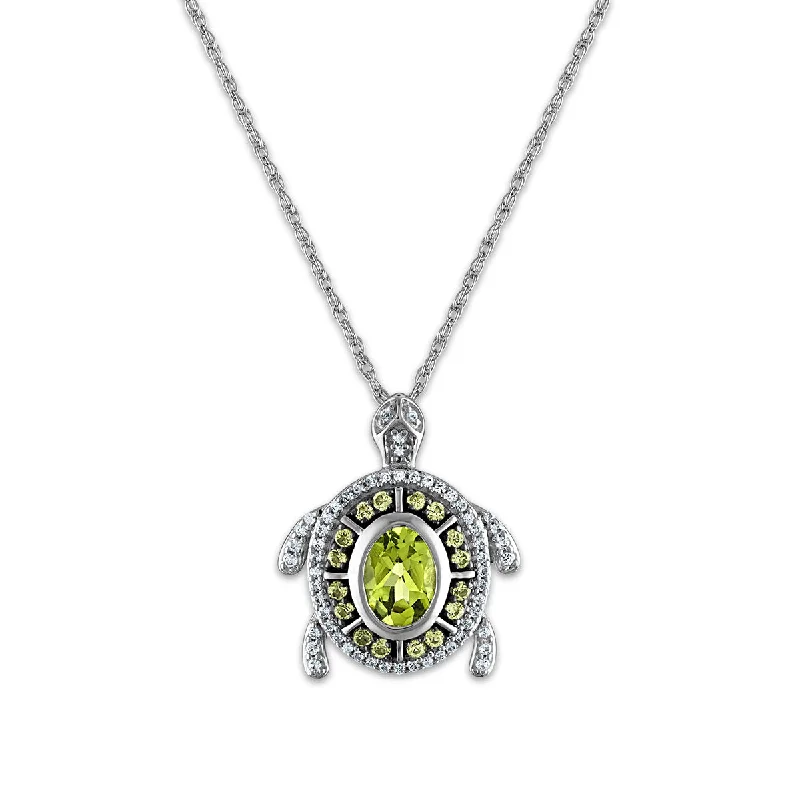 7X5MM Oval Peridot and White Sapphire Fashion Turtle 18-inch Pendant in Rhodium Plated Sterling Silver