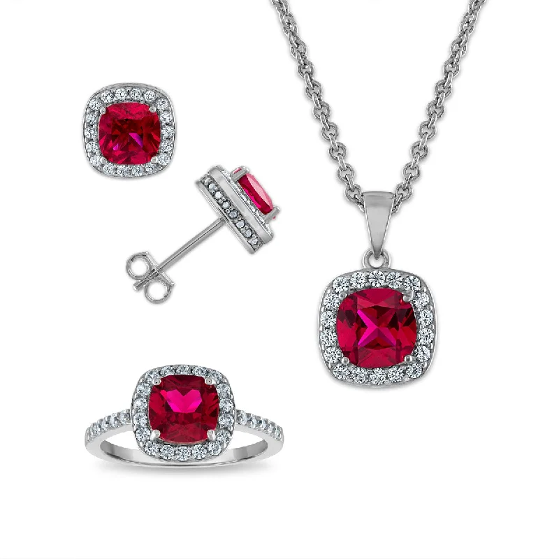 Created Ruby and White Sapphire Ring Pendant Earrings Set in Sterling Silver